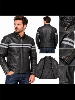 Black Genuine Leather Moto Jacket with Gray Stripes Unisex.